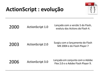 ActionScript : evolução

                           Lançado com a versão 5 do Flash,
 2000   ActionScript 1.0    evoluiu das Actions do Flash 4.




                           Surgiu com o lançamento do Flash
 2003   ActionScript 2.0      MX 2004 e do Flash Player 7




                           Lançada em conjunto com o Adobe
 2006   ActionScript 3.0    Flex 2.0 e o Adobe Flash Player 9.
 