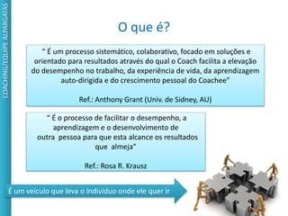 COACHING/EQUIPEALPARGATAS
O que é?
É um veículo que leva o indivíduo onde ele quer ir
“ É o processo de facilitar o desempenho, a
aprendizagem e o desenvolvimento de
outra pessoa para que esta alcance os resultados
que almeja”
Ref.: Rosa R. Krausz
“ É um processo sistemático, colaborativo, focado em soluções e
orientado para resultados através do qual o Coach facilita a elevação
do desempenho no trabalho, da experiência de vida, da aprendizagem
auto-dirigida e do crescimento pessoal do Coachee”
Ref.: Anthony Grant (Univ. de Sidney, AU)
 