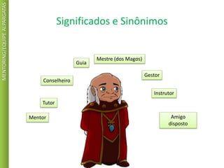 Significados e Sinônimos
MENTORING/EQUIPEALPARGATAS
Mentor
Tutor
Conselheiro
Guia
Mestre (dos Magos)
Gestor
Instrutor
Amigo
disposto
 