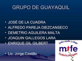 GRUPO DE GUAYAQUILGRUPO DE GUAYAQUIL
• JOSÉ DE LA CUADRA
• ALFREDO PAREJA DIEZCANSECO
• DEMETRIO AGUILERA MALTA
• JOAQUIN GALLEGOS LARA
• ENRIQUE GIL GILBERT
• Lic. Jorge Castillo
 