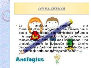  La analogía permite una
forma inductiva de argumentar que asevera que si
dos o más entidades son semejantes en uno o
más aspectos, entonces lo más probable es que
también existan entre ellos más semejanzas. Una
analogía permite la deducción de un término
desconocido a partir del análisis de la relación que
se establece entre dos términos conocidos.
 