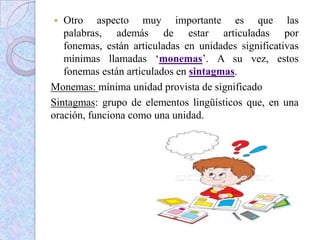  Otro aspecto muy importante es que las
palabras, además de estar articuladas por
fonemas, están articuladas en unidades significativas
mínimas llamadas „monemas‟. A su vez, estos
fonemas están articulados en sintagmas.
Monemas: mínima unidad provista de significado
Sintagmas: grupo de elementos lingüísticos que, en una
oración, funciona como una unidad.
 