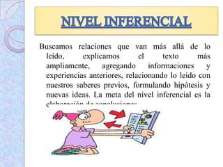 Buscamos relaciones que van más allá de lo
leído, explicamos el texto más
ampliamente, agregando informaciones y
experiencias anteriores, relacionando lo leído con
nuestros saberes previos, formulando hipótesis y
nuevas ideas. La meta del nivel inferencial es la
elaboración de conclusiones.
 