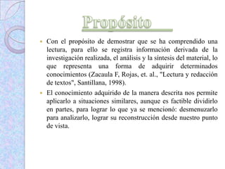  Con el propósito de demostrar que se ha comprendido una
lectura, para ello se registra información derivada de la
investigación realizada, el análisis y la síntesis del material, lo
que representa una forma de adquirir determinados
conocimientos (Zacaula F, Rojas, et. al., "Lectura y redacción
de textos", Santillana, 1998).
 El conocimiento adquirido de la manera descrita nos permite
aplicarlo a situaciones similares, aunque es factible dividirlo
en partes, para lograr lo que ya se mencionó: desmenuzarlo
para analizarlo, lograr su reconstrucción desde nuestro punto
de vista.
 