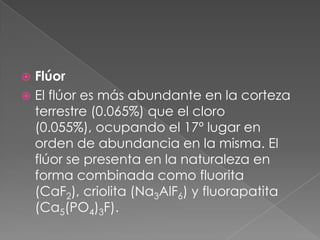 FlúorEl flúor es más abundante en la corteza terrestre (0.065%) que el cloro (0.055%), ocupando el 17º lugar en orden de abundancia en la misma. El flúor se presenta en la naturaleza en forma combinada como fluorita (CaF2), criolita (Na3AlF6) y fluorapatita (Ca5(PO4)3F). 