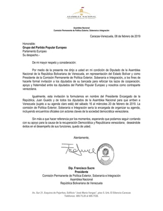 Asamblea Nacional
Comisión Permanente de Política Exterior, Soberanía e Integración
Av. Sur 21, Esquina de Pajaritos, Edif...