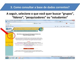 3. Como consultar a base de dados correntes?

A seguir, selecione o que você quer buscar “grupos”,
    “líderes”, “pesquisadores” ou “estudantes”
 