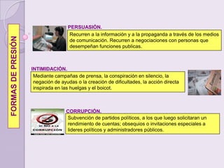PERSUASIÓN.Recurren a la información y a la propaganda a través de los medios de comunicación. Recurren a negociaciones con personas que desempeñan funciones publicas.INTIMIDACIÓN.FORMAS DE PRESIÓNMediante campañas de prensa, la conspiración en silencio, la negación de ayudas o la creación de dificultades, la acción directa inspirada en las huelgas y el boicot.CORRUPCIÓN.Subvención de partidos políticos, a los que luego solicitaran un rendimiento de cuentas; obsequios o invitaciones especiales a lideres políticos y administradores públicos.