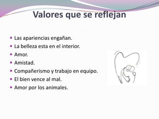 Valores que se reflejan
 Las apariencias engañan.
 La belleza esta en el interior.
 Amor.
 Amistad.
 Compañerismo y trabajo en equipo.
 El bien vence al mal.
 Amor por los animales.
 