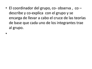 • El coordinador del grupo, co- observa , co –
  describe y co-explica con el grupo y se
  encarga de llevar a cabo el cruce de las teorías
  de base que cada uno de los integrantes trae
  al grupo.
•
 