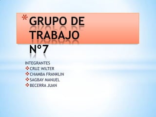 * GRUPO DE
 TRABAJO
 Nº7
INTEGRANTES
CRUZ WILTER
CHAMBA FRANKLIN
SAGBAY MANUEL
BECERRA JUAN
 