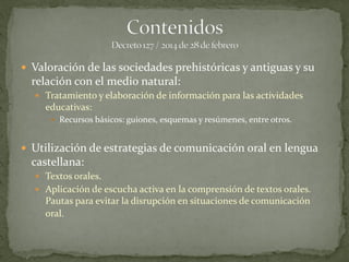  Valoración de las sociedades prehistóricas y antiguas y su
relación con el medio natural:
 Tratamiento y elaboración de información para las actividades
educativas:
 Recursos básicos: guiones, esquemas y resúmenes, entre otros.
 Utilización de estrategias de comunicación oral en lengua
castellana:
 Textos orales.
 Aplicación de escucha activa en la comprensión de textos orales.
Pautas para evitar la disrupción en situaciones de comunicación
oral.
 