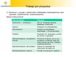 Trabajo por proyectos 3. Promover y ayudar a desarrollar habilidades metacognitivas (por ejemplo: autodirección, autoevaluación).  Apoyo Instruccional 