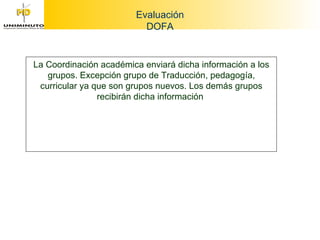 Evaluación DOFA La Coordinación académica enviará dicha información a los grupos. Excepción grupo de Traducción, pedagogía, curricular ya que son grupos nuevos. Los demás grupos recibirán dicha información  