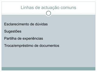 Linhas de actuação comuns


Esclarecimento de dúvidas
Sugestões
Partilha de experiências
Troca/empréstimo de documentos
 