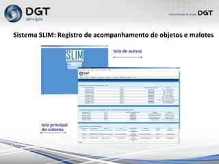 tela de acesso
tela principal
do sistema
Sistema SLIM: Registro de acompanhamento de objetos e malotes
 