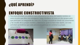 ¿QUÉ APRENDÍ?
ENFOQUE CONSTRUCTIVISTA
• Para esta actividad nos pidieron que colocáramos las letras de nuestro nombre en
unos círculos que ellos nos entregaron, luego dividieron al curso en dos grupos para
que participen un integrante de cada uno, el juego consistía en dividir las consonantes
y las vocales de su propio nombre y determinar quien lo hace más rápido, con esta
actividad aprendimos que cada persona es participe en construir su propio
conocimiento.
 