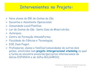 Intervenientes no Projeto: 
 Nove alunos da EB1 de Costas de Cão; 
 Docentes e Assistente Operacional; 
 Comunidade Local/Famílias; 
 Lar de Costas de Cão- Santa Casa da Misericórdia; 
 Autarquia; 
 Centro de Formação AlmadaForma; 
 Faculdade de Ciências e Tecnologias; 
 ESE Jean Piaget; 
 Professores, alunos e famílias/comunidades de outros dois 
países, envolvidos num projeto intergeracional etwinning no qual 
a turma se encontra envolvida (parceiros internacionais da 
Galiza-ESPANHA e de Sófia-BULGÁRIA); 
Professoras: Vanda Lima e Silva & Rita Esperança 
EB1 de Costas de Cão 
 