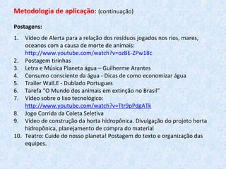 Metodologia de aplicação: (continuação)
Postagens:
1. Vídeo de Alerta para a relação dos resíduos jogados nos rios, mares,
oceanos com a causa de morte de animais:
http://www.youtube.com/watch?v=ozBE-ZPw18c
2. Postagem tirinhas
3. Letra e Música Planeta água – Guilherme Arantes
4. Consumo consciente da água - Dicas de como economizar água
5. Trailer Wall.E - Dublado Portugues
6. Tarefa “O Mundo dos animais em extinção no Brasil”
7. Vídeo sobre o lixo tecnológico:
http://www.youtube.com/watch?v=Ttr9pPdgATk
8. Jogo Corrida da Coleta Seletiva
9. Vídeo de construção da horta hidropônica. Divulgação do projeto horta
hidropônica, planejamento de compra do material
10. Teatro: Cuide do nosso planeta! Postagem do texto e organização das
equipes.
 