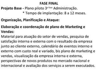     FASE FINAL  Projeto Base -  Plano piloto 3 a fase  Administração.    * Tempo de implantação: 8 a 12 meses.   Organização, Planificação e Ataque:   Elaboração e coordenação de plano de Marketing e Vendas: Material para atuação do setor de vendas, pesquisa de satisfação interna e externa com o resultado da empresa junto ao cliente externo, calendário de eventos interno e externo com custo real e variado, bis plano de marketing e vendas, visualização da empresa interna e externa, perspectivas de novos produtos no mercado nacional e internacional e avaliação dos serviços a serem executados.     
