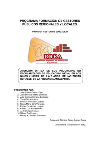 PROGRAMA FORMACIÓN DE GESTORES
       PÚBLICOS REGIONALES Y LOCALES.

                   PRONOEI - SECTOR DE EDUCACION




      ATENCIÓN ÓPTIMA DE LOS PROGRAMAS NO
      ESCOLARIZADOS DE EDUCACIÓN INICIAL EN LOS
      NIÑOS Y NIÑAS DE 3 A 5 AÑOS DE LAS ZONAS
      RURALES DE LA PROVINCIA ANTABAMBA.



PRESENTADO POR:
  1. José Carlos Castro López.
  2. Juan Ulises Serrano Bustinza.
  3. Julia Cristina Serrano Bustinza.
  4. Yony Félix Asturima.
  5. Leoncio Moscoso Ccoscco.
  6. Gloria María Jara Valverde.
  7. Esther Fernández Loayza.
  8. César O. Laura Mamani.
  9. Ayde Chalque Carrasco
  10. Wiliam Soel Luna.
  11. Nataly K. Pinares Sarmiento

                                        Asistencia Técnica: Arturo Gómez Peña

                                             Antabamba, noviembre del 2012.
 