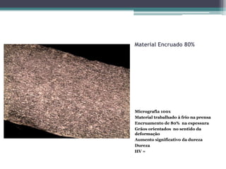 Material Encruado 80%




Micrografia 100x
Material trabalhado à frio na prensa
Encruamento de 80% na espessura
Grãos orientados no sentido da
deformação
Aumento significativo da dureza
Dureza
HV =
 