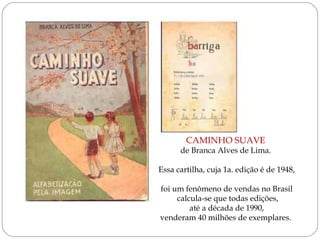 CAMINHO SUAVE 
de Branca Alves de Lima. 
Essa cartilha, cuja 1a. edição é de 1948, 
foi um fenômeno de vendas no Brasil 
calcula-se que todas edições, 
até a década de 1990, 
venderam 40 milhões de exemplares. 
 