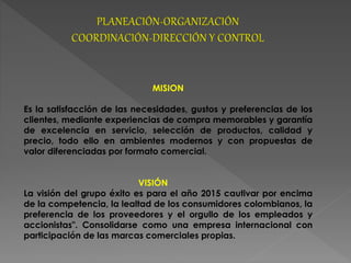 MISION 
Es la satisfacción de las necesidades, gustos y preferencias de los 
clientes, mediante experiencias de compra memorables y garantía 
de excelencia en servicio, selección de productos, calidad y 
precio, todo ello en ambientes modernos y con propuestas de 
valor diferenciadas por formato comercial. 
VISIÓN 
La visión del grupo éxito es para el año 2015 cautivar por encima 
de la competencia, la lealtad de los consumidores colombianos, la 
preferencia de los proveedores y el orgullo de los empleados y 
accionistas". Consolidarse como una empresa internacional con 
participación de las marcas comerciales propias. 
 