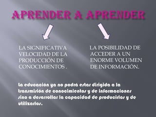 LA SIGNIFICATIVA              LA POSIBILIDAD DE
VELOCIDAD DE LA               ACCEDER A UN
PRODUCCIÓN DE                 ENORME VOLUMEN
CONOCIMIENTOS .               DE INFORMACIÓN.


La educación ya no podrá estar dirigida a la
transmisión de conocimientos y de informaciones
sino a desarrollar la capacidad de producirlos y de
utilizarlos.
 