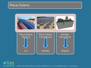 Placas Solares
Placas Solares
Térmicas
Acs
Placas Solares
Fotovoltaicas
Aisladas
Bombeo
Fotovoltaico
Regadío
GRUPO GES CONSULTING 2016 © -EDIF. AZABACHE OF. 2.04- LOS BARRIOS (CÁDIZ) Tfno.856154504
 
