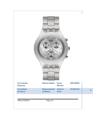 Convidados       Opinion Maker   Sonia     926780099
Externos                         Mourão
Convidado
de Honra
                 Representante
                 da Marca
                                 António
                                 Pinto
                                           913242122
                                                       x


TI&DI, EVENTOS       Página 24
 