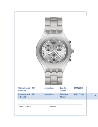 Comunicaçã       TVI   Jornalista      Sandra      911123870
o Social                               Cunha
Comunicaçã
o Social
                 Sic   Jornalista      Elisabete
                                       Abreu
                                                   912317766
                                                               x


TI&DI, EVENTOS             Página 27
 