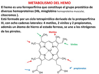 METABOLISMO DEL HEMO
El hemo es una ferroporfirina que constituye el grupo prostético de
diversas hemoproteínas (Hb, mioglobina hemoproteína muscular,
citocromos ).
Está formado por un ciclo tetrapirrólico derivado de la protoporfirina
III, con ocho cadenas laterales: 4 metilos, 2 vinilos y 2 propionatos,
además un átomo de hierro al estado ferroso, se une a los nitrógenos
de los pirroles.
propionatos
Metilos
Vinilos
 