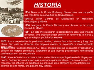 HISTORÍA 
1914. Nace en la Cd de Monterrey, Nuevo León una compañía 
que más tarde se convertiría en Grupo Herdez. 
1945.Se abren Centros de Distribución en Monterrey, 
Guadalajara y Mérida 
1956. Inauguran la Planta México y sus oficinas, en la propia 
Ciudad de México. 
1961. En este año estudiaron la posibilidad de sacar una línea de 
alimentos, qué producto lanzar primero, el nombre de la marca y 
qué estrategias publicitarias emplear. 
1973.nicia la exportación de productos Herdez, primero fueron las salsas y luego los 
chiles. Con esto se alcanzan aún mayores niveles de expansión y reconocimiento 
1e9m8p8r.eSsearciarel.a Fundación Herdez A.C. con el principal objetivo de realizar investigación y 
difusión en materia alimentaria, aportando al país nuevas posibilidades nutricionales 
combinadas con sana economía. 
1995. Al corazón de los mexicanos hace varias décadas que llegó Herdez®. Llegó y se 
quedó. Enriqueciendo cada vez más las razones para ese efecto, con su capacidad de 
reconocer los sabores y la calidades que más nos laten, Herdez® es innegablemente, 
además de una marca, una palabra muy familiar. 
 