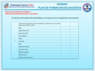 5
¿Cuáles de los siguientes recursos tecnológicos se utilizaron en el curso sobre
elaboración de PEI, PCI, POA?
Blog
Diapositivas on line
Documentos PDF
Libros digitales
Video
Tutoriales
Wiki
Plataforma Moodle
Encuestas on line
Biblioteca digitales
Webs favoritas
Ninguno de los anteriores
Al término del desarrollo del Módulo se evaluará con el siguiente instrumento
Desarrollo del Diseño del Módulo 1
Diseño de pruebas para evaluar el producto
 
