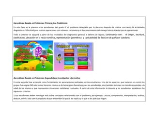Aprendizaje Basado en Problemas: Primera fase-Problémica: 
En esta fase se le plantea a los estudiantes del grado 8° el problema detectado por la docente después de realizar una serie de actividades 
diagnósticas: Dificultad para realizar operaciones con números racionales y el desconocimiento del manejo básico de este tipo de operaciones. 
Todo lo anterior se apoyará a partir de los resultados del diagnóstico general, e talleres de repaso, continuando con: el origen, escritura, 
clasificación, ubicación en la recta numérica, representación geométrica y aplicabilidad de éstos en el quehacer cotidiano. 
Aprendizaje Basado en Problemas: Segunda fase-Investigativa y formativa 
En esta segunda fase se tendrá como fundamento las apreciaciones realizadas por los estudiantes. Uno de los aspectos que tuvieron en común los 
grupos fue asignar NO solo textos literarios clásicos o de temas poco llamativos para los estudiantes, sino también lecturas con temáticas acordes a la 
edad de los mismos y que representen situaciones cotidianas y actuales. A partir de esta información la docente y los estudiantes establecen los 
siguientes criterios: 
1-Los estudiantes deben investigar más sobre conceptos relacionados con el problema, por ejemplo: Lectura, comprensión, interpretación, análisis, 
deducir, inferir; esto con el propósito de que entiendan lo que se les explica y lo que se les pide que hagan. 
 