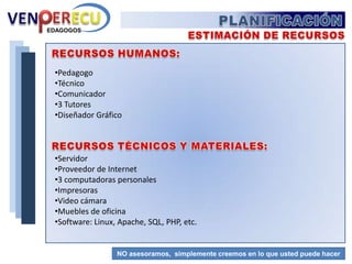 PLANIFICACIÓNERECUVENMETODOLOGIA PACIEse propone implementar La Metodologia PACIE la cual busca incluir las TIC en la educación pensando en el docente como motor fundamental em los procesos operativos y administrativos. Facilitando la inclusión  del elearning en los procesos educativos evitando el fracaso clásico de la preocupación tecnológica y el descuido pedagógico em el uso de recursos, además de permitir  um desarrollo tecnoeducativo que de forma paulatina,evitará golpes académicos de gran impacto, que causan resistencia en cualquiera de las áreas de la comunidad de aprendizaje.EDAGOGOSNO asesoramos,  simplemente creemos en lo que usted puede hacer