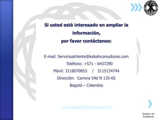 Si usted está interesado en ampliar la
               información,
         por favor contáctenos:


E-mail: Servicioalcliente@kabahconsultores.com
            Teléfono: +571 - 6437290
     Móvil: 3118070853    / 3115134744
       Dirección: Carrera 54d N 135-65
             Bogotá – Colombia




         www.kabahConsultores.com
                                                 Simple y En
                                                 Excelencia
 