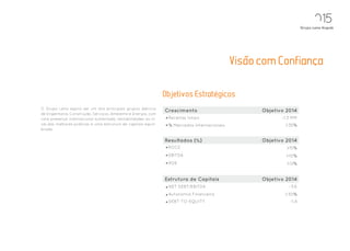 015
                                                                                                                    Grupo Lena Angola




                                                                                             Visao com Confianca



O Grupo Lena aspira ser um dos principais grupos ibéricos
                                                                Crescimento                        Objetivo 2014
de Engenharia, Construção, Serviços, Ambiente e Energia, com
uma presença internacional sustentada, rentabilidades ao ní-     Receitas totais                          ~1,3 MM
vel das melhores práticas e uma estrutura de capitais equili-    % Mercados Internacionais                 35%
brada.


                                                                Resultados (%)                     Objetivo 2014
                                                                 ROCE                                       15%
                                                                 EBITDA                                     10%
                                                                 ROE                                        12%


                                                                Estrutura de Capitais              Objetivo 2014
                                                                 NET DEBT/EBITDA                             ~3,6
                                                                 Autonomia Financeira                      30%
                                                                 DEBT-TO-EQUITY                              ~1,4
 
