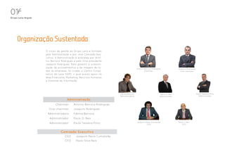016
Grupo Lena Angola




     Organizacao Sustentada
                    O corpo de gestão do Grupo Lena é formado
                    pela Administração e por uma Comissão Exe-
                    cutiva. A Administração é presidida por Antó-
                    nio Barroca Rodrigues e pelo Vice-presidente
                    Joaquim Rodrigues. Para garantir a uniformi-
                    zação de procedimentos e de imagem de to-                          António Barroca Rodrigues                Joaquim Rodrigues
                    das as empresas, foi criado o Centro Corpo-                                Chairman                           Vice-chairman
                    rativo da Lena SGPS, o qual presta apoio na
                    área Financeira, Marketing, Recursos Humanos
                    e Sistemas de Informação.




                                                                      Fátima Barroca                            Paulo O. Reis                       Paulo Teixeira Pinto
                                                                      Administradora                           Administrador                          Administrador

                                     Administração
                           Chairman       António Barroca Rodrigues
                      Vice-chairman       Joaquim Rodrigues
                     Administradora       Fátima Barroca
                      Administrador       Paulo O. Reis
                                                                                       Joaquim Paulo Conceição                  Paulo S. Reis
                      Administrador       Paulo Teixeira Pinto                                  CEO                                 CFO



                                Comissão Executiva
                                   CEO      Joaquim Paulo Conceição
                                   CFO      Paulo Silva Reis
 