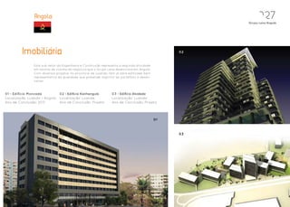 Angola                                                                                   027
                                                                                                    Grupo Lena Angola




         Imobiliaria                                                                           02


               Este sub-setor da Engenharia e Construção representa a segunda atividade
               em termos de volume de negócios que o Grupo Lena desenvolve em Angola.
               Com diversos projetos na província de Luanda, tem já obra edificada bem
               representativa da qualidade que pretende imprimir ao portefólio a desen-
               volver.



01 - Edifício Moncada          02 - Edifício Kanhangulo        03 - Edifício Alvalade
Localização: Luanda – Angola   Localização: Luanda             Localização: Luanda
Ano de Conclusão: 2011         Ano de Conclusão: Projeto       Ano de Conclusão: Projeto



                                                                                          01



                                                                                               03
 