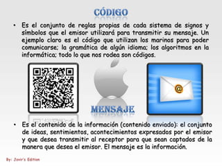 • Es el conjunto de reglas propias de cada sistema de signos y
  símbolos que el emisor utilizará para transmitir su mensaje. Un
  ejemplo claro es el código que utilizan los marinos para poder
  comunicarse; la gramática de algún idioma; los algoritmos en la
  informática; todo lo que nos rodea son códigos.




• Es el contenido de la información (contenido enviado): el conjunto
  de ideas, sentimientos, acontecimientos expresados por el emisor
  y que desea transmitir al receptor para que sean captados de la
  manera que desea el emisor. El mensaje es la información.
 