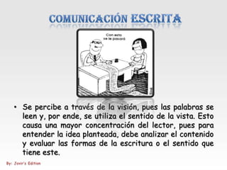 • Se percibe a través de la visión, pues las palabras se
  leen y, por ende, se utiliza el sentido de la vista. Esto
  causa una mayor concentración del lector, pues para
  entender la idea planteada, debe analizar el contenido
  y evaluar las formas de la escritura o el sentido que
  tiene este.
 