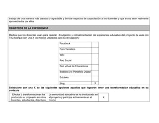trabaja de una manera más creativa y agradable y brindar espacios de capacitación a los docentes y que estos sean realmente 
aprovechados por ellos 
REGISTROS DE LA EXPERIENCIA 
Medios que los docentes usan para realizar divulgación y retroalimentación del experiencia educativa del proyecto de aula con 
TIC:(Marque con una X los medios utilizados para su divulgación) 
Facebook 
Foro Temático 
Wiki 
Red Social 
Red virtual de Educadores 
Bitácora y/o Portafolio Digital 
Eduteka 
Blog X 
Seleccione con una X de las siguientes opciones aquellas que lograron tener una transformación educativa en su 
contexto 
Efectos o transformaciones ha 
producido su propuesta en otros 
docentes, estudiantes, directivos, 
La comunidad educativa se ha involucrado en 
el proyecto y participa activamente en el 
mismo 
X 
 