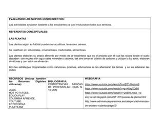 EVALUANDO LOS NUEVOS CONOCIMIENTOS: 
Las actividades ayudaron bastante a los estudiantes ya que involucraban todos sus sentidos. 
REFERENTES CONCEPTUALES: 
LAS PLANTAS 
Las plantas según su hábitat pueden ser acuáticas, terrestres, aéreas. 
Se clasifican en: industriales, ornamentales, medicinales, alimenticias. 
Las plantas elaboran su propio alimento por medio de la fotosíntesis que es el proceso por el cual las raíces desde el suelo 
absorben con mucho afán agua sales minerales y abonos, del aire toman el dióxido de carbono, y utilizan la luz solar, elaboran 
almidones y con estos se alimentan. 
Con las estrategias programadas como canciones, poemas, adivinanzas se les afianzarán los temas y se les aclararan las 
dudas 
RECURSOS (Incluya también 
los Recursos Digitales 
utilizados): 
JCLIC, 
HOT POTATOES, 
EDUCA PLAY, 
COLOMBIA APRENDE, 
YOUTUBE. 
FOTOCOPIAS 
PLASTILINA 
BIBLIOGRAFIA: 
COMPETENCIAS BASICAS 
DE PREESCOLAR. GUIA N. 
10 MEN 
WEBGRAFIA 
https://www.youtube.com/watch?v=rEP3JINmob8 
https://www.youtube.com/watch?v=g-v6iagXQB8 
https://www.youtube.com/watch?v=2wD1LmxO_4w 
eidy-rever.blogspot.com/2011/07/poesias-la-planta.html 
http://www.adivinanzasparaninos.es/category/adivinanzas-de- 
arboles-y-plantas/page/2/ 
 