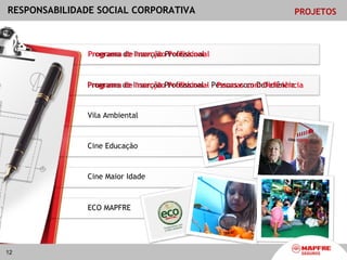 RESPONSABILIDADE SOCIAL CORPORATIVA                                   PROJETOS



              Programa de Inserção Profissional
              Programa de Inserção Profissional



              Programa de Inserção Profissional - Pessoas com Deficiência
              Programa de Inserção Profissional - Pessoas com Deficiência


              Vila Ambiental


              Cine Educação


              Cine Maior Idade



              ECO MAPFRE




12
 