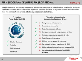 PIP - PROGRAMA DE INSERÇÃO PROFISSIONAL                                                           CONCEITO

 O PIP combina a inclusão no mercado de trabalho às demandas de crescimento e contratação do Grupo
 MAPFRE e do mercado. É direcionado a pessoas com dificuldade de se ingressar no mercado de trabalho.
 São três públicos-focos: jovens, adultos e pessoas com deficiência.


              Princípios                                   Princípios internacionais
         Pacto Global da ONU                             de sustentabilidade do Grupo

                                                I.     Cumprimento de leis e normas

                                                II.    Governança corporativa

                                                III.   Respeito aos colaboradores

                                                IV.    Inovação permanente em produtos e serviços

                                                V.     Práticas responsáveis na cadeia de valor

                                                VI.    Respeito ao meio ambiente

                                                VII. Diálogo com os grupos de interesse
           Direitos Humanos
                                                VIII. Participação ativa em organismos de RSC
           Trabalho
                                                IX.    Elaboração e difusão de informes anuais de RSC
           Meio ambiente
                                                X.     Contribuição às atividades da FUNDACIÓN
           Corrupção
                                                       MAPFRE



14
 