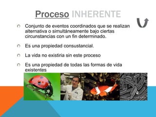Proceso INHERENTE
Conjunto de eventos coordinados que se realizan
alternativa o simultáneamente bajo ciertas
circunstancias con un fin determinado.
Es una propiedad consustancial.
La vida no existiria sin este proceso
Es una propiedad de todas las formas de vida
existentes
 