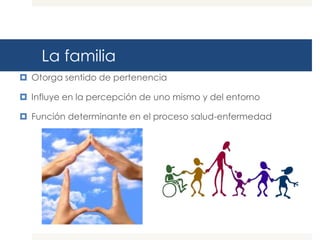 La familia
 Otorga sentido de pertenencia

 Influye en la percepción de uno mismo y del entorno

 Función determinante en el proceso salud-enfermedad
 