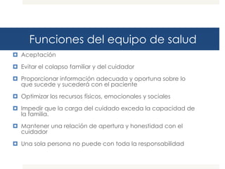 Funciones del equipo de salud
 Aceptación

 Evitar el colapso familiar y del cuidador

 Proporcionar información adecuada y oportuna sobre lo
  que sucede y sucederá con el paciente

 Optimizar los recursos físicos, emocionales y sociales

 Impedir que la carga del cuidado exceda la capacidad de
  la familia.

 Mantener una relación de apertura y honestidad con el
  cuidador

 Una sola persona no puede con toda la responsabilidad
 
